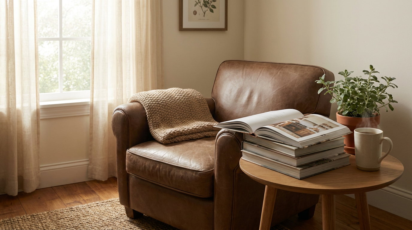 Cozy reading nook with home & living books, mocha leather armchair, sage plant — Blanket Dream