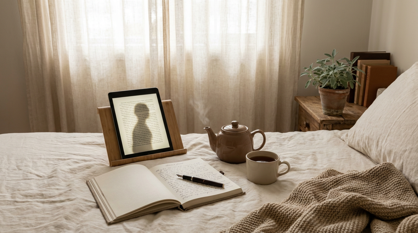 Cozy bedside wellness scene with journal, herbal tea, sage plant — Blanket Dream