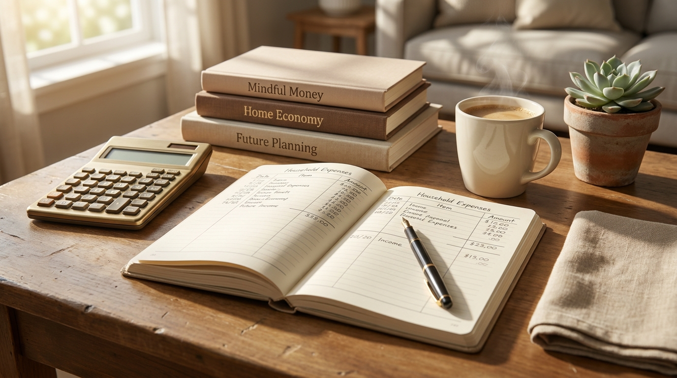 Warm wooden desk with household budget notebook, vintage calculator, money planning books — Blanket Dream