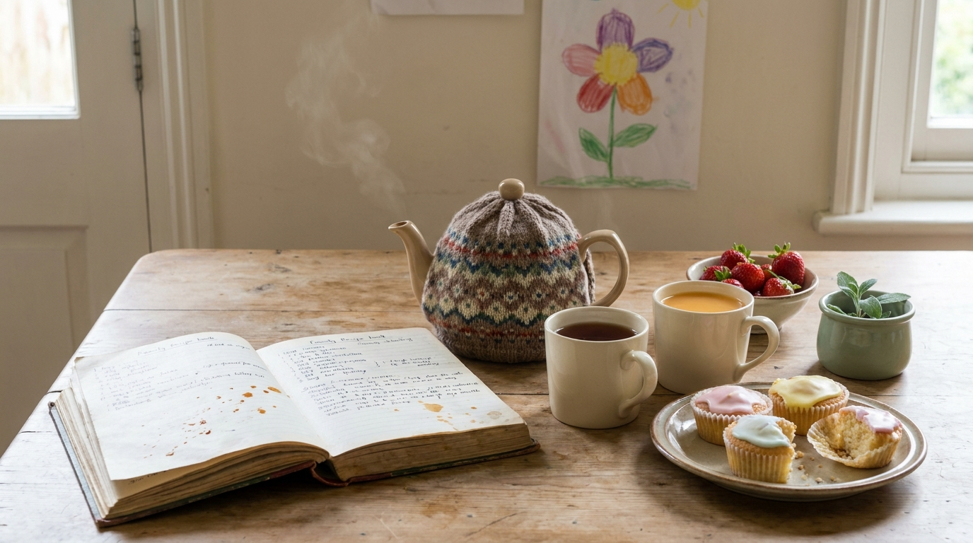 Warm family kitchen table with recipe book, teapot, fairy cakes — Blanket Dream