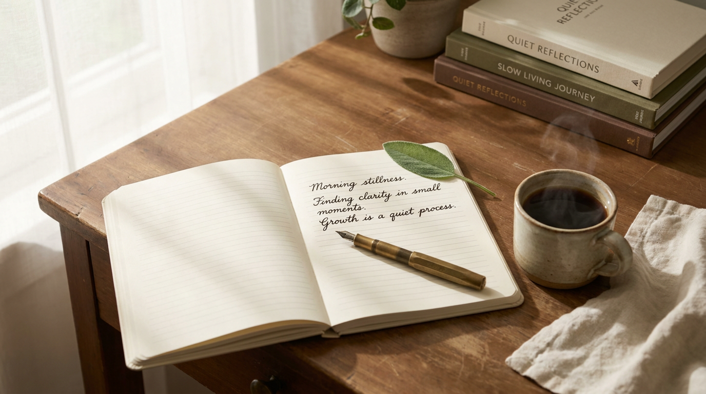 Quiet personal growth scene with journal, fountain pen, sage leaf, warm tea — Blanket Dream
