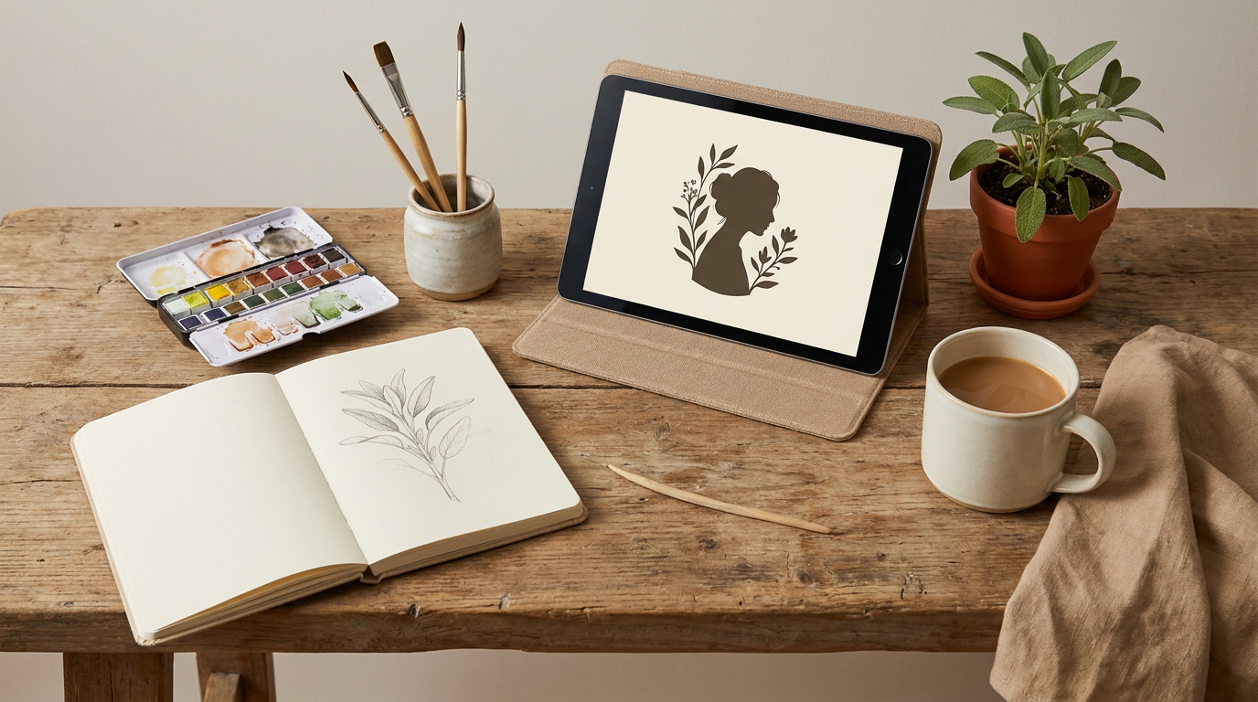 Maker's creative bench with sketchbook, watercolours, sage plant — Blanket Dream