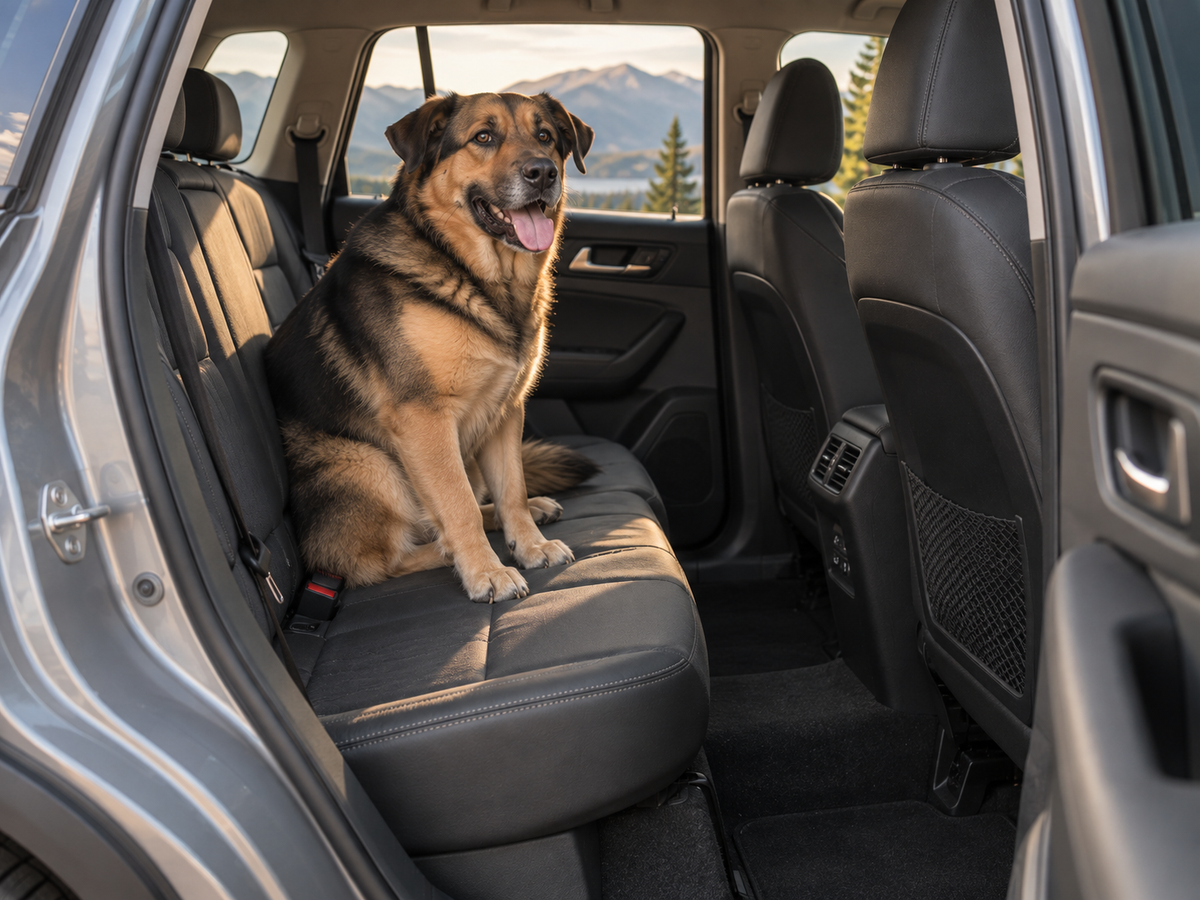 Dog sitting on a standard back seat with the footwell open