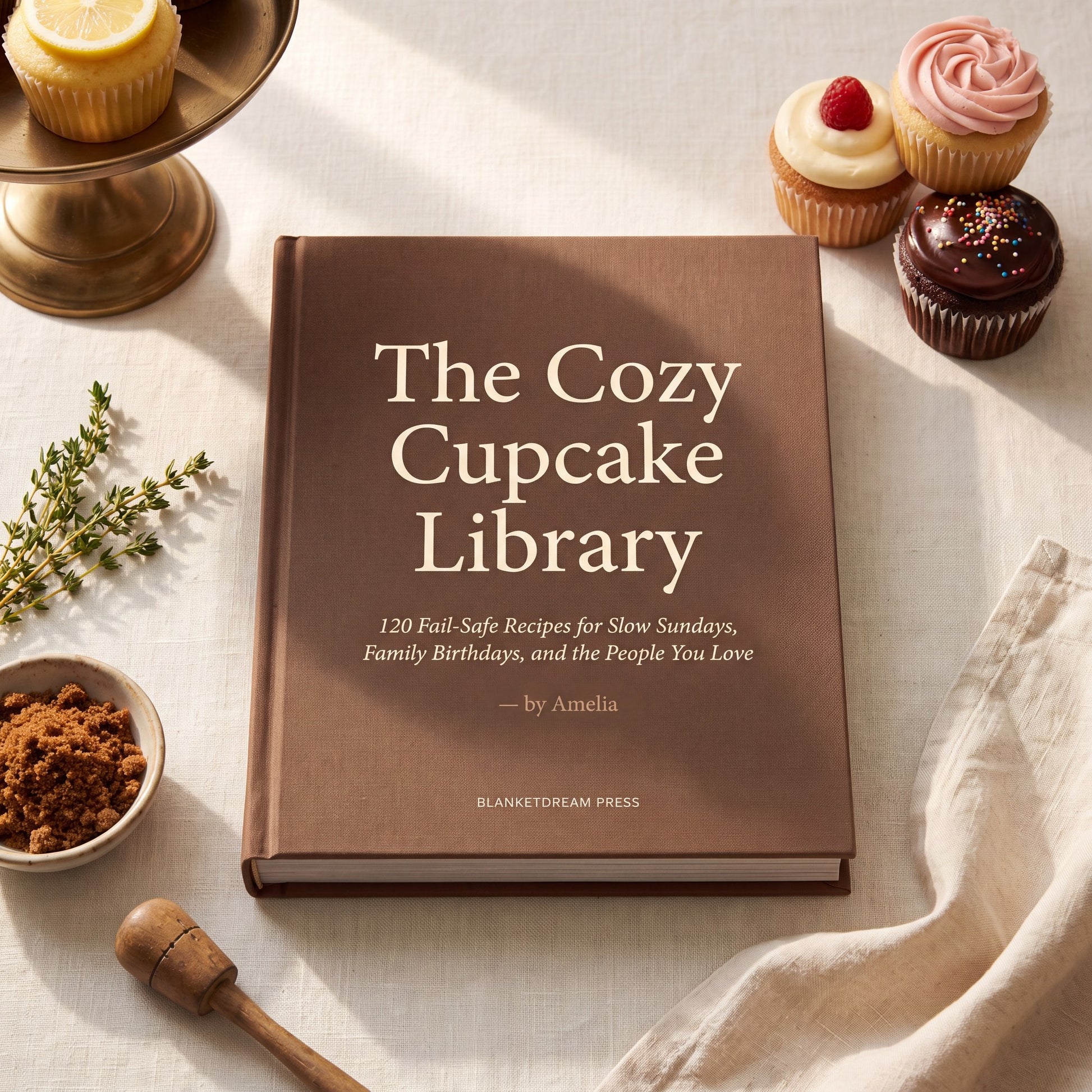 The Cozy Cupcake Library cover — mocha hardcover with cream serif type and cupcakes on a brass cake stand