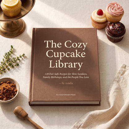 The Cozy Cupcake Library cover — mocha hardcover with cream serif type and cupcakes on a brass cake stand