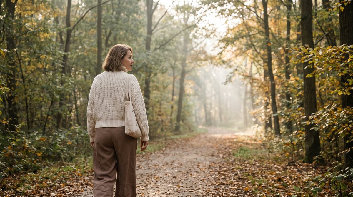 A woman in her 50s walking alone on an autumn path, soft sunset light, looking peaceful and present