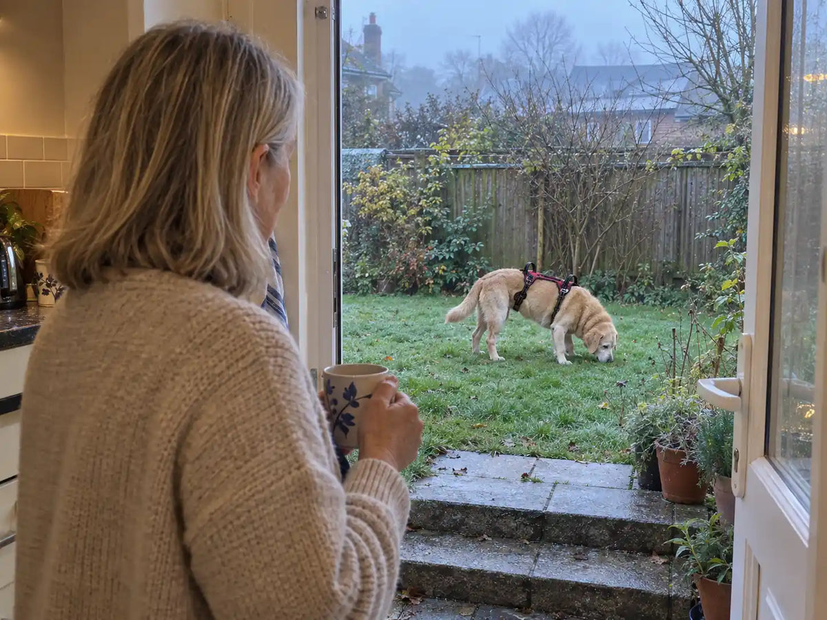 Dawn in the garden, Barney pottering, Carol in the doorway with a mug