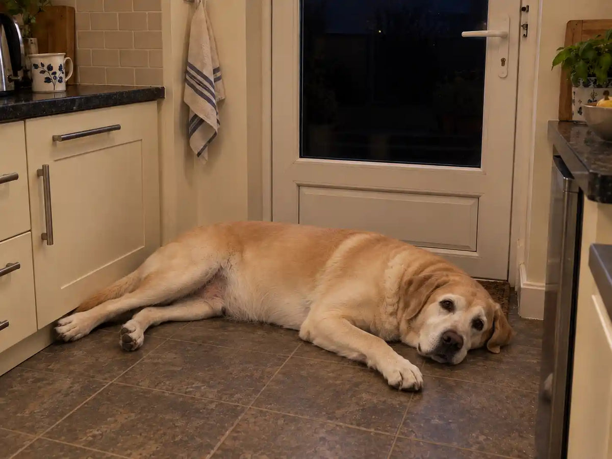 Six in the morning, Barney on the kitchen floor by the back door