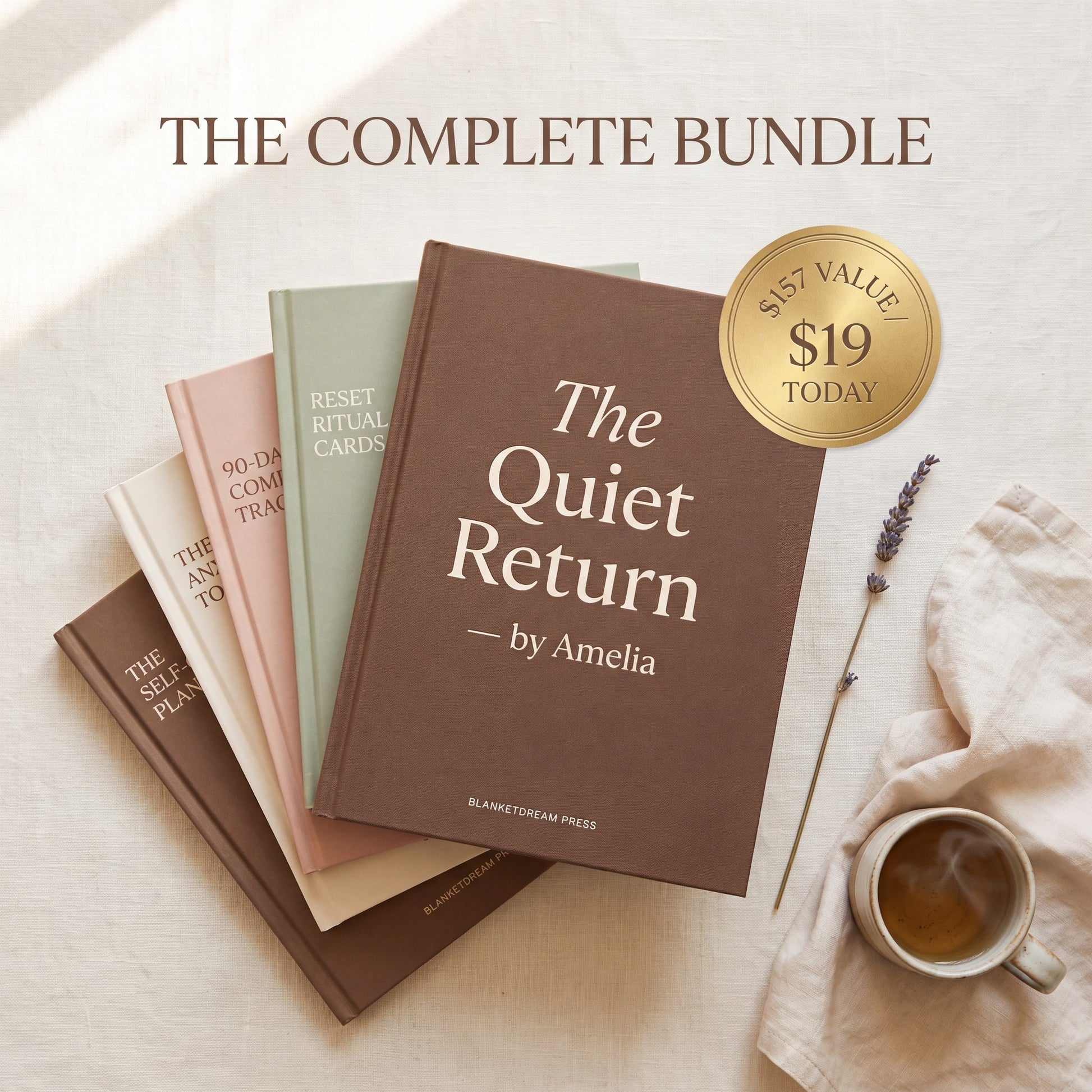 The Quiet Return Complete Bundle hero — 5 hardcover books fanned with $157 value $19 today badge