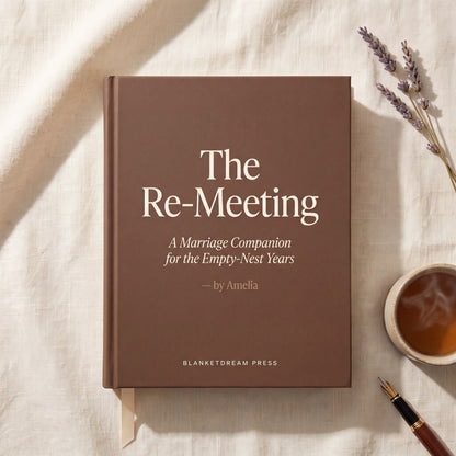 The Re-Meeting — A Marriage Companion for the Empty-Nest Years — mocha hardcover book with lavender and tea